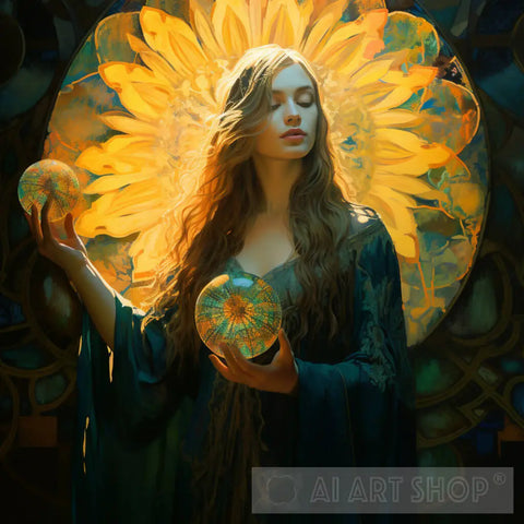 Celestial Harmony: Woman With Long Hair Holding A Sphere Impressionism Ai Art