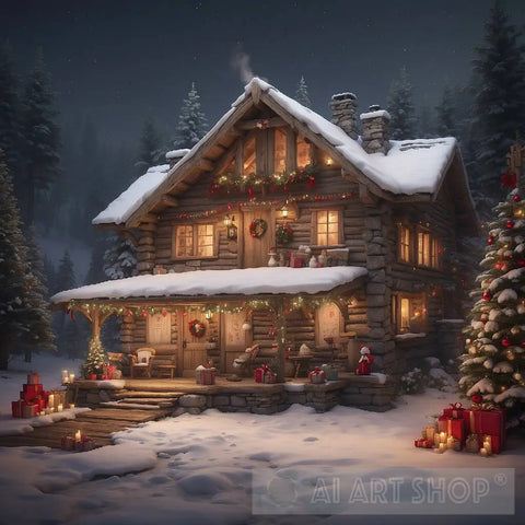 Christmas Cabin Nature Ai Art