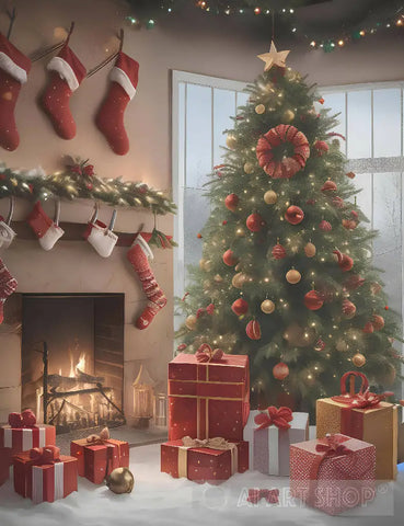 Christmas Tree With Some Presents And A Fireplace Ai Artwork