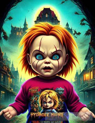 Chucky With A Spooky City In The Background Ai Artwork