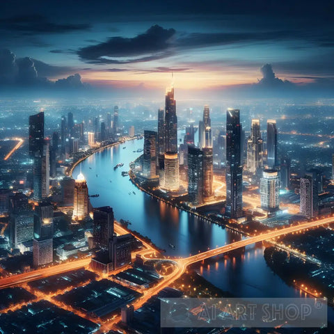 City Skyline At Night With A Large Illuminated Area And River Sparkling Below Modern Ai Art