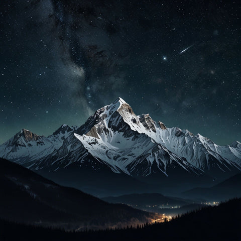 A majestic mountain range with snow-capped peaks and a clear, starry night sky (1)