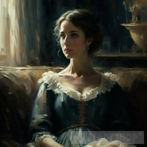 Closeup Vintage Oil Painting Of Woman Sitting On A Sofa Portrait Ai Art