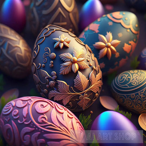 Colorful Easter Eggs With Floral Ornaments Abstract Ai Art