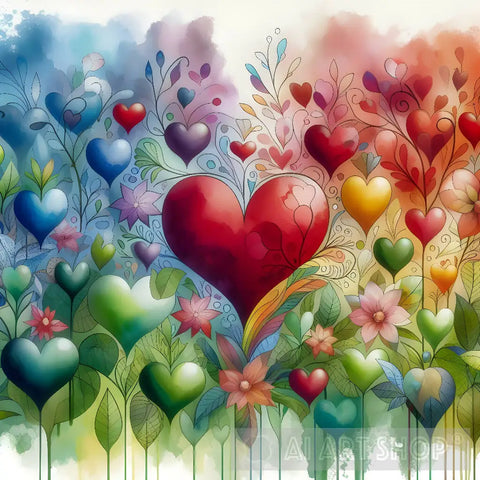 Colorful Hearts With Flowers Ai Painting