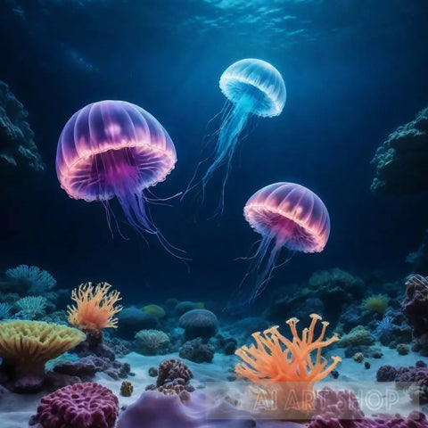 Colorful - Jellyfish - Floating - In - A - Deep - Blue - Underwa Ai Artwork