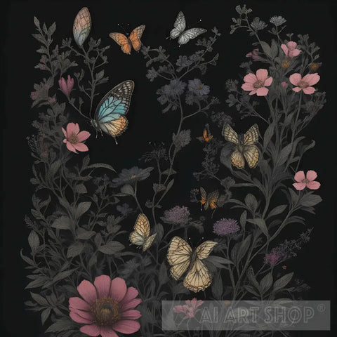 Colorful Wildflowers And Butterflies On Pale Black Paper Nature Ai Art