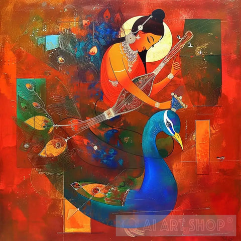 Colors Of Melodies: Women Peacock And Indian Music Ai Painting