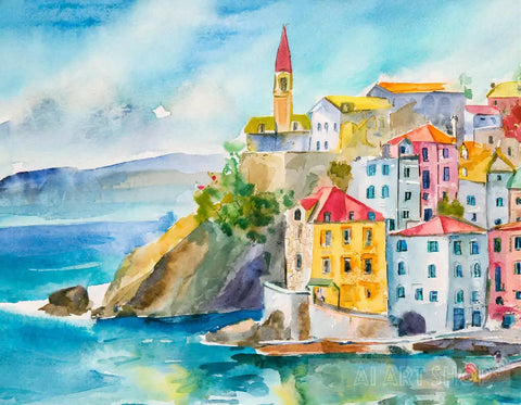 Colourful Town On Cliff Ai Painting