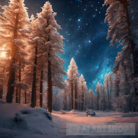 Cosmic Winter Pine Forest Landscape Ai Art