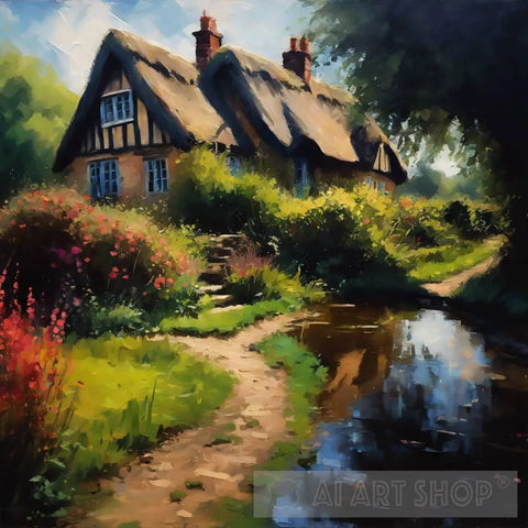 Country Cottage Pond Impressionism Ai Art