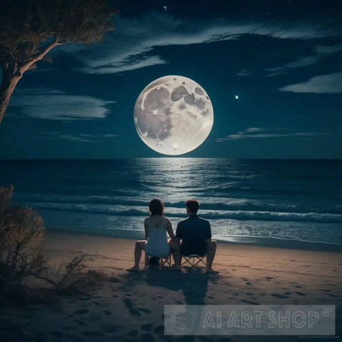 Couple Sitting Together Enjoying The Romantic View Of Moonlight At A Beautiful Beach Nature Ai Art