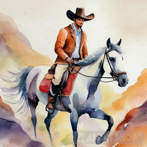 Cowboy Wearing Hat Riding Horse Ai Painting