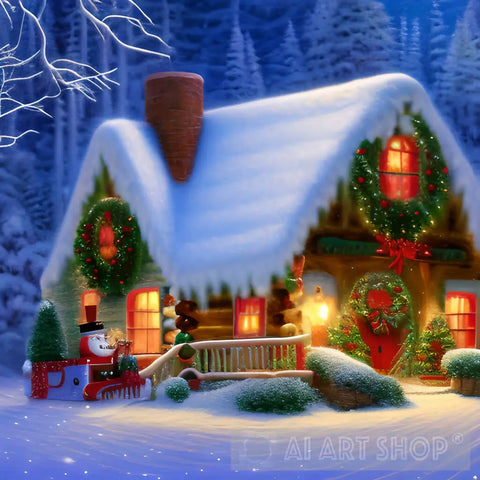 Cozy Christmas Cabin Graphic Landscape Ai Art