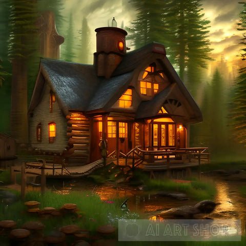 Cozy Steampunk Cabin Landscape Ai Art