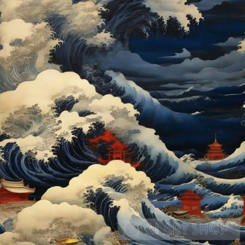 Crashing Wave Against Ancient Temple Ai Painting