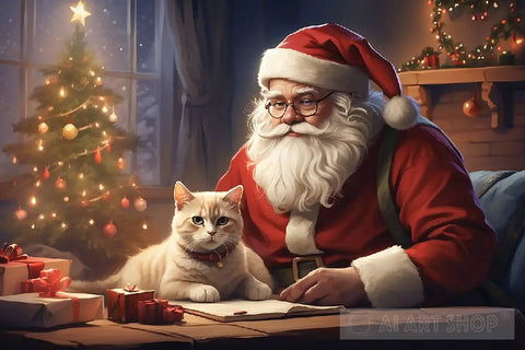 Crear Un Perro Con Cara De Santa Clauss En Ambiente Navideño Junto A Gato Duende Ai Artwork