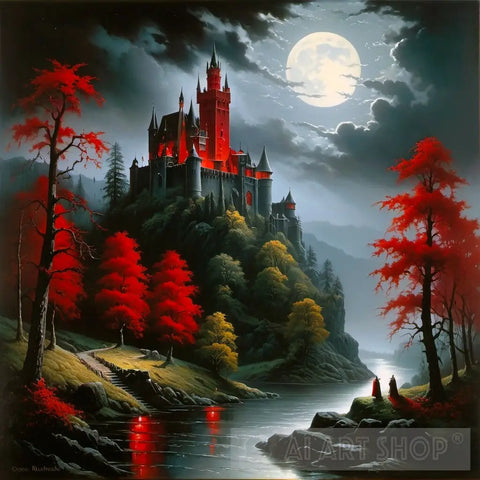 Crimson Castle Under Moonlight Landscape Ai Art