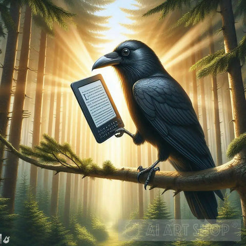 Crow Is Reading On Old Kindle Keyboard Ai Artwork