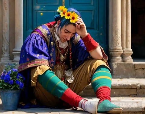 Crying jester sitting in a desperate, slumped pose on the steps of ...