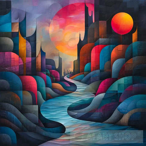Cubist Futuristic Skyline - Night Scene Surrealism Ai Art