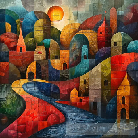 Cubist Riverside Twilight - Abstract Art Surrealism Ai