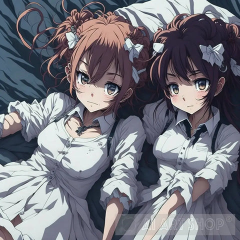 Cute Anime Maids Holding Hands Laying In Bed Ai Artwork