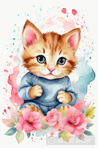 Cute Baby Cat Watercolor Sublimation Clipart Animal Ai Art