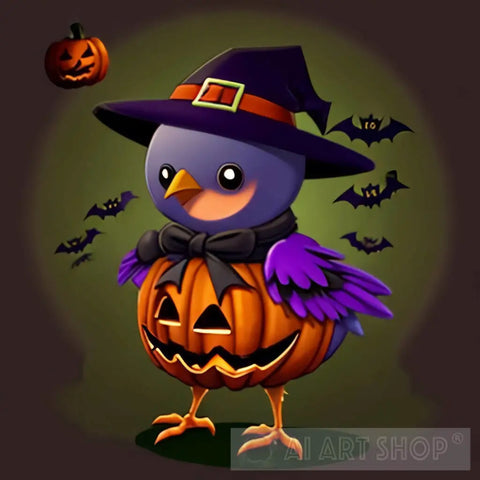 Cute Bird In Pumpkin Costume Halloween Ai Artwork