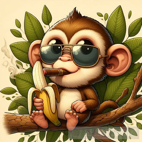 Cute Cartoon Monkey With Sunglasses And Banana Animal Ai Art
