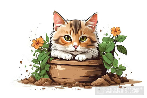 Cute Cat In A Pot Animal Ai Art