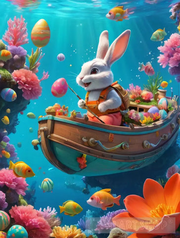Cute Easter Bunny On His Floating Boat Ai Artwork