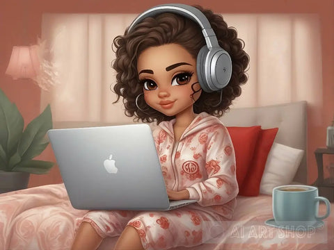 Cute Girl Listening To Music Ai Artwork