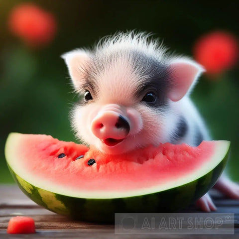 Cute Pig Eating Watermelon Animal Ai Art