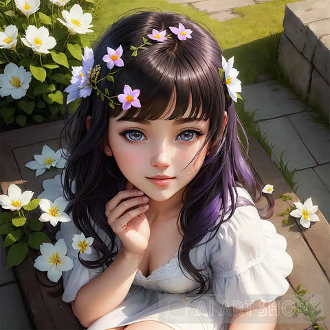 Cute Realistic Girl Amidst The Enchanting Flower Garden Contemporary Ai Art