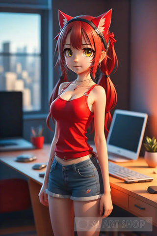 Cute Red Anime Gamer With Brillent Life Like Details Ai Artwork