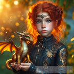 Cyberpunk Girl Holding Her Golden Baby Dragon Ai Painting