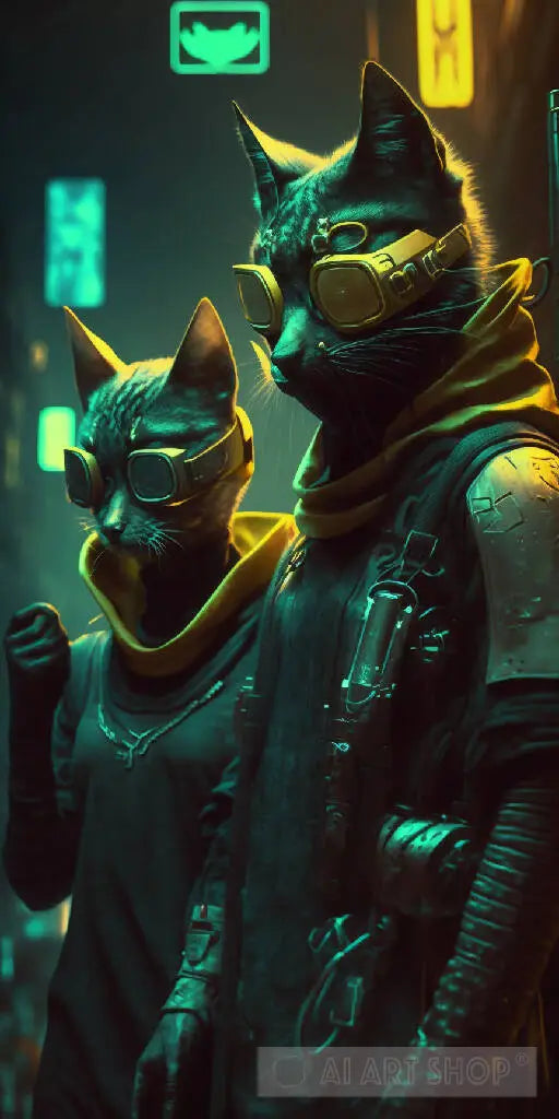 Cyber Cat Art Print - Futuristic Urban Art by Midjourney AI in Cybe...