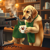 Golden Retriever Barista Holding Paw-Print Latte - Cozy Cafe AI Art"