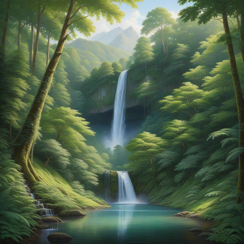 A detailed landscape painting of lush forest with waterfall