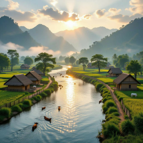 Epic Village River & Misty Hill Landscape Wallpaper