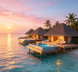 luxury Maldives-inspired beach photography backdrop with overwater bungalows and sunset reflections