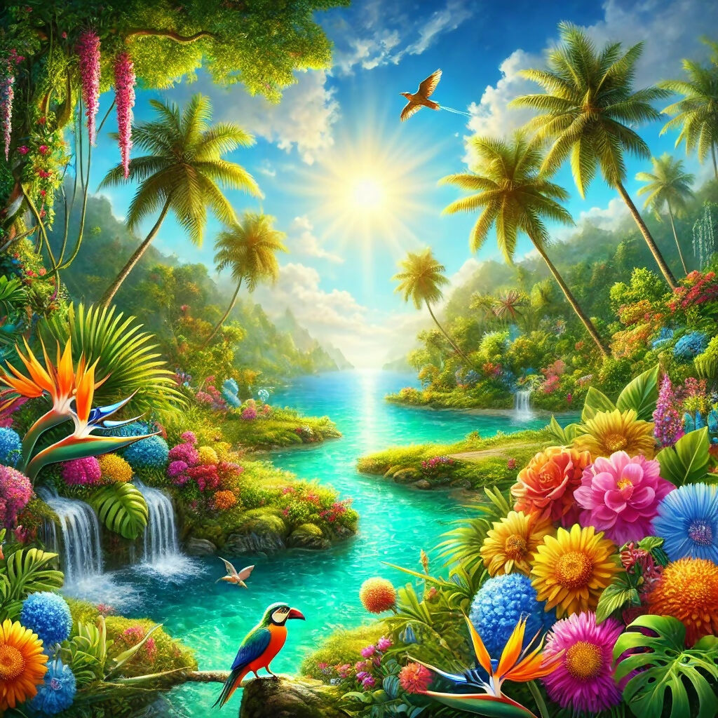Vibrant Tropical Landscape Art - Colorful Nature Decor for Tourists