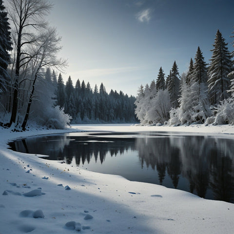 A serene lake frozen over with a layer of ice, surrounded by snow-covered trees