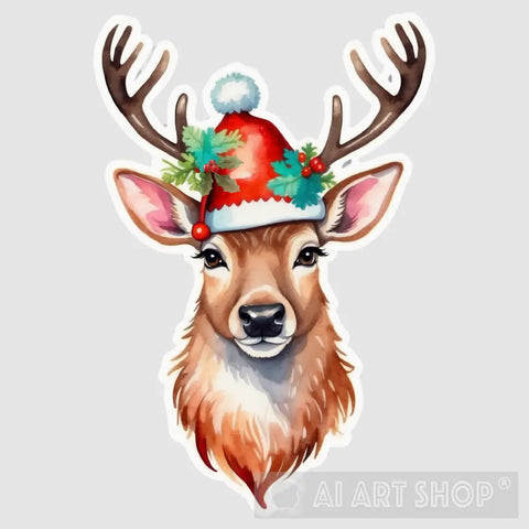 Holiday Wildlife, Deer With Santa Hat, Christmas Deer, Festive Art,...