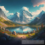 Digital Mountain Landscape With Lake And 1 Ai Art