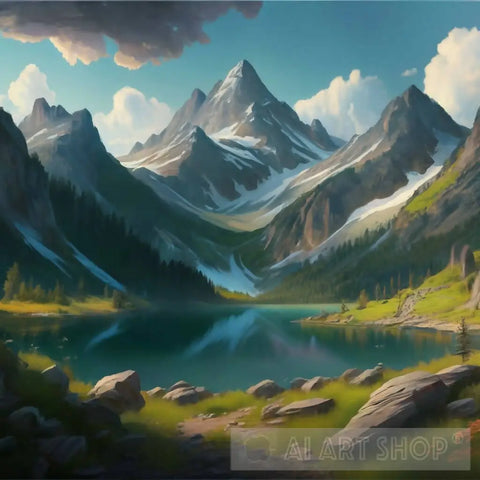 Digital Mountain Landscape With Lake And 2 Ai Art