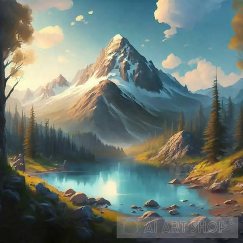 Digital Mountain Landscape With Lake And 3 Ai Art