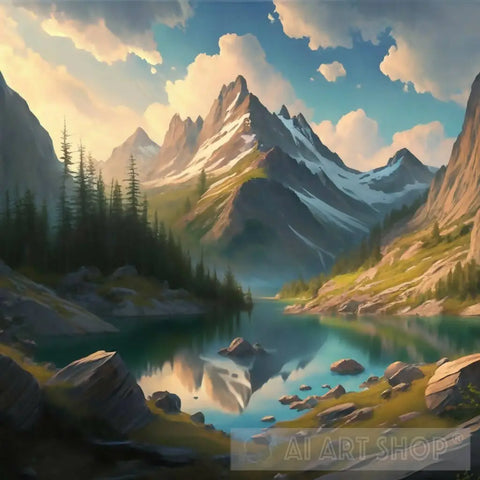 Digital Mountain Landscape With Lake And 4 Ai Art