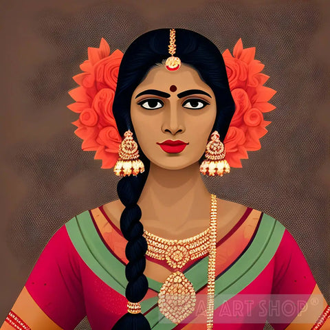 Digital Painting Of South Indian Woman Wearing Flowers In Her Hair And Ornate Jewelry Dressed